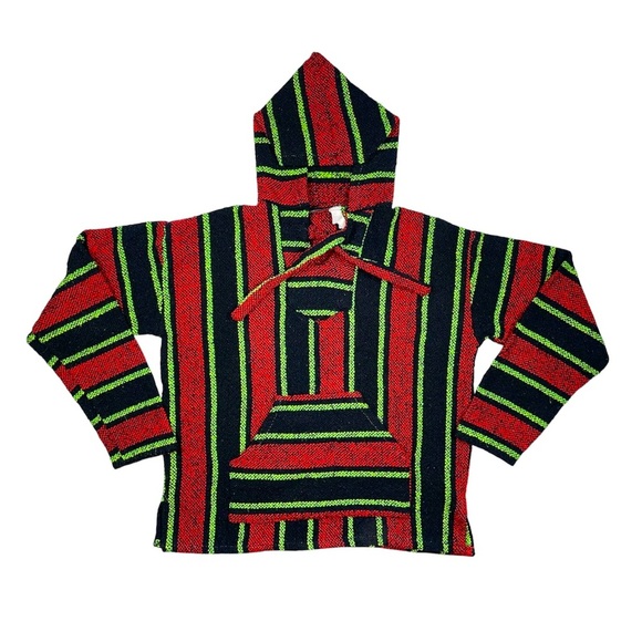 Other - Vintage Mexican Baja Hoodie Pullover Striped Woven Sweater – Red Black Green